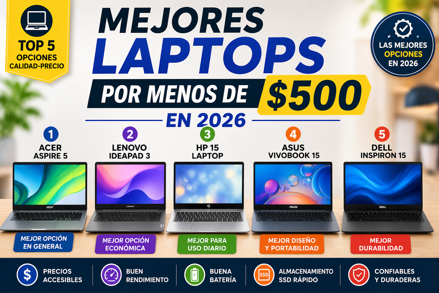 Mejores Laptops por Menos de $500 en 2026 (Top 5 Opciones Calidad-Precio)