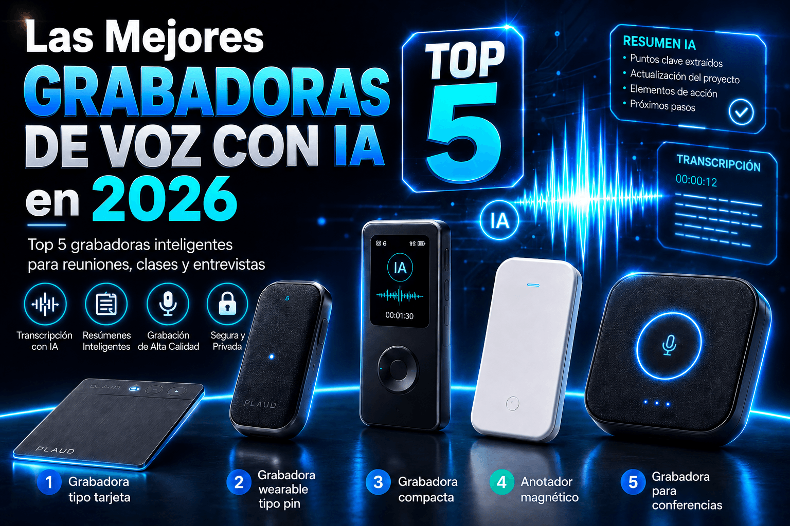 Las 5 Mejores Grabadoras de Voz con IA en 2026: Transcriben, Resumen y Organizan tus Reuniones